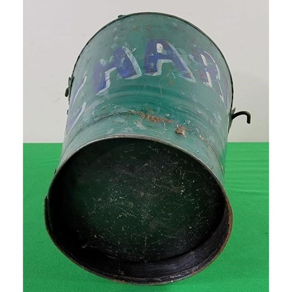 Antique Enamel Green Bucket with CHARM painted on  Rusty pail with Handle - Picture 3 of 5